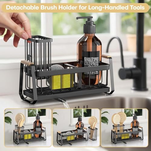 Image of Metal Sponge Holder for Kitchen Sink | Auto-Draining Sink Organizer Caddy with Drain Tray, Soap Dispenser Stand & Dish Brush Holder | Large Capacity Multipurpose Kitchen Storage Rack
