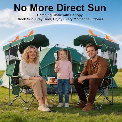 Image of Folding Canopy Beach Camping Chairs for Adult 2 Pack, Portable Outdoor Chairs with Sunshade,Cup Holder & Side Pocket for Camping, Fishing, Beach, Backyard, Green