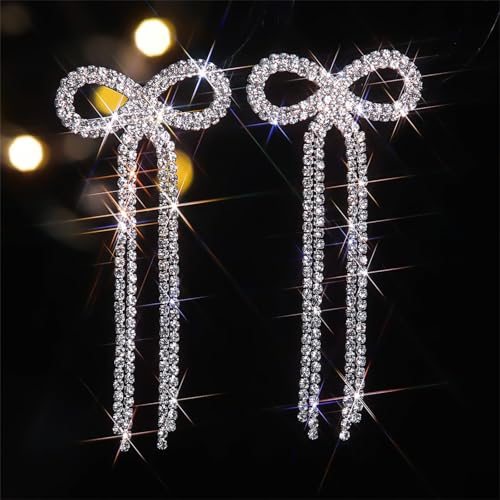 Silver Bow Earrings for Women Dangling Sparkly Rhinestone Long Tassel Chandelier Earrings Wedding Bridal Jewelry Prom Homecoming Dresses 2025 Stocking Stuffers4