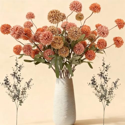 Geegoods Fall Faux Pompon Mum Flowers &ndash; 10 Stems, 21&rdquo; Long Burnt Orange Brown Pink Orange...