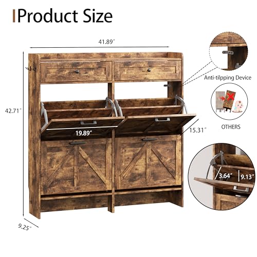 Image of Shoe Cabinet with 4 Flip Drawers & 2 Top Drawers, 43 inch Tall Freestanding Narrow Wooden Shoe Storage Organizer for Entryway, Hidden Slim Shoe Rack for Front Door Entrance, Hallway, Living Room, Brown