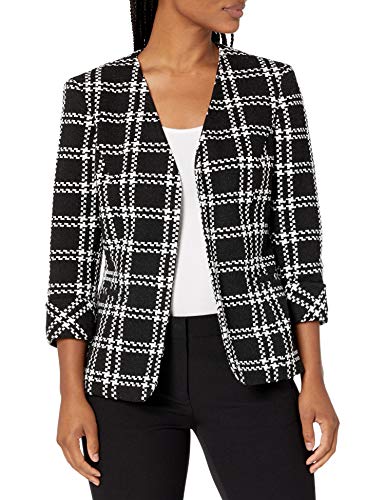 Kasper Women's Plus Size Knit Plaid Fly Away Jacket with Cuff Sleeve Detail, Black Multi, 14W