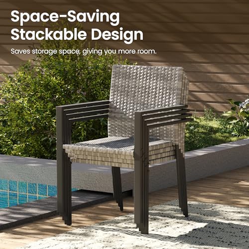 Image of Amopatio Stackable Patio Dining Chairs Set of 4, All-Weather Breathable Rattan Outdoor Dining Chair, Steel Frame, Armchair w /Armrests, for Garden, Porch, Deck, Poolside, Fire Pit, Gray