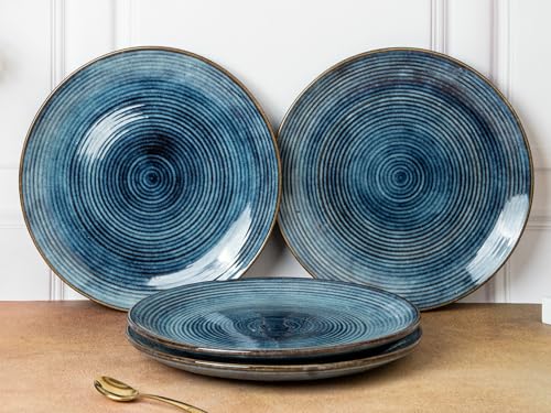 Image of Handcrafted Reactive Glaze Ceramic Dinner Plates, 4 Pieces Serving for 4, Microwave and Dishwasher Safe, Bone-ash Free, Full Plate Set Crockery for Dining and Gifting, Reactive Blue