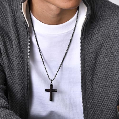 Wooden Cross Necklace for Men-Hawaiian Real Handmade Ebony Wood Cross Pendant Necklace Stainless Steel Chain, Mens Brown Cross Necklaces Koa Wood Jewelry Christian Baptism Crucifix Pendant for Men3