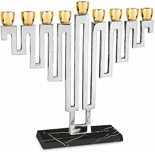Miniatura 5 de Zion Judaica - Vela artística de Janucá chapada en níquel, forma tradicional en un laberinto moderno, elegante calcomanía de mármol decorada con