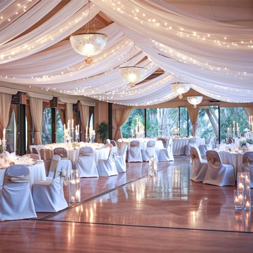 6 Panels White Ceiling Drapes with Lights for Weddings Ceiling Drapes 5ftx10ft Wedding Photo Backgrounds Sheer Curtains Tulle Tent Drapery Wedding Decorations for Party Ceremony Stage Swag