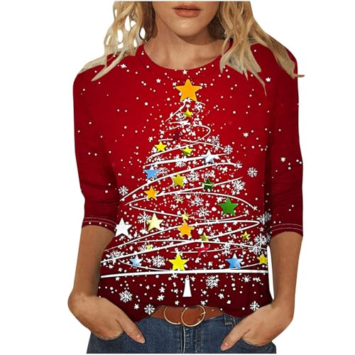 2025 Christmas Shirts for Women 3/4 Sleeve Glitter Xmas Tree T-Shirt Tunic Tops Holiday Party Christmas Clothes Gifts