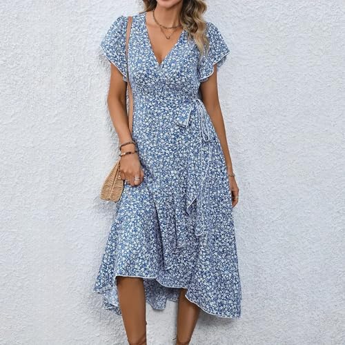 Image of Summer Dresses V Neck Short Sleeve Floral Midi Dress with Tie Waist Ruffled Boho Casual Dress for Beach Vacation