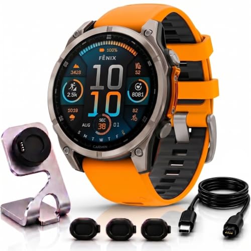 Image of Garmin Fenix 8 47mm AMOLED Sapphire Multisport GPS Smartwatch, Titanium with Spark Orange Silicone Band, 010-02904-10 - Bundle w /Deco Essentials Charging Dock, Dust Cover and USB-C Cable