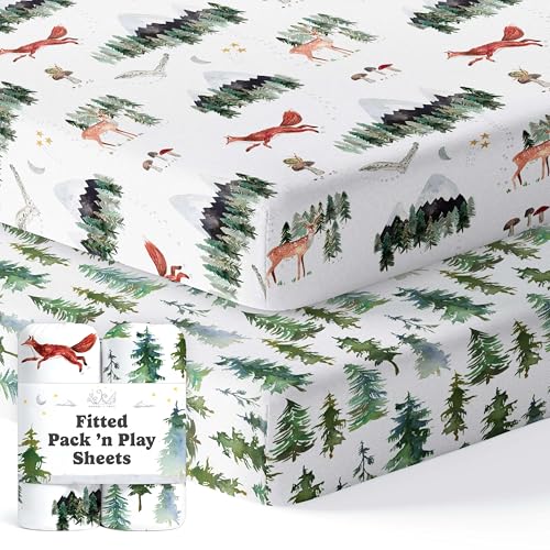 Image of Pack and Play Sheets Fitted, Mini Crib Sheets for Graco Pack N Play Playard (38x26), Ultra Soft Organic Cotton Blend, Safe & Snug Playpen Mattress Sheet for Baby Boys & Girls – Starry Woodland, 2-Pack