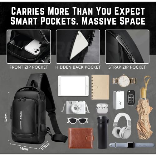 Image of Sling Side Bag For Men | Anti-Theft Smart Waterproof Crossbody Chest Bag for Travel | Messenger Bags Casual Shoulder Bag for Men and Women (ALLBLACK)