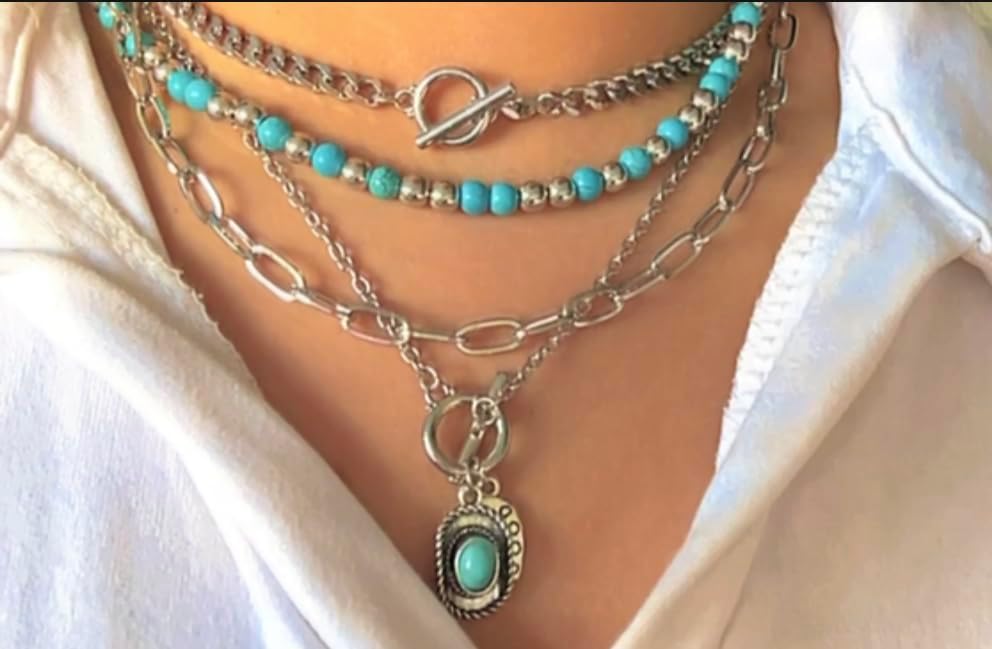 Silver Chunky Layered Necklaces for Women Boho Turquoise Beaded Neckalces Western Country Concert Stack Trendy Horseshoe Cactus Pendant Beach Jewelry Gift for Cowgirl - Image 5
