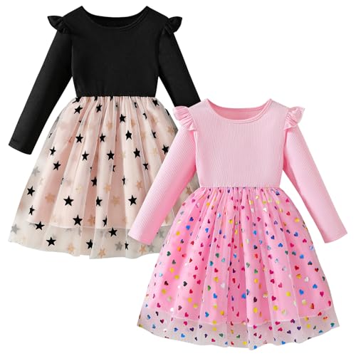 Image of Toddler Little Girls Casual Dresses Short Sleeve Crew Neck Graphic Cartoon Dress for 2-8 Years