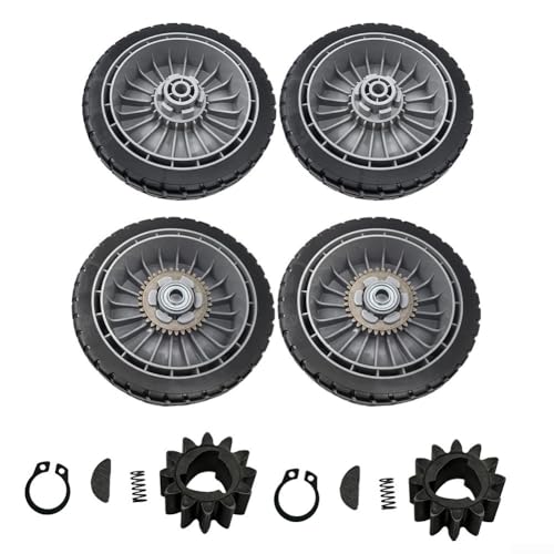Juego de ruedas de repuesto para cortacésped Honda HRR216 HRS216 HRT216 que incluye neumáticos delanteros y traseros con engranaje de transmisión y clips para un rendimiento suave (4 piezas delanteras