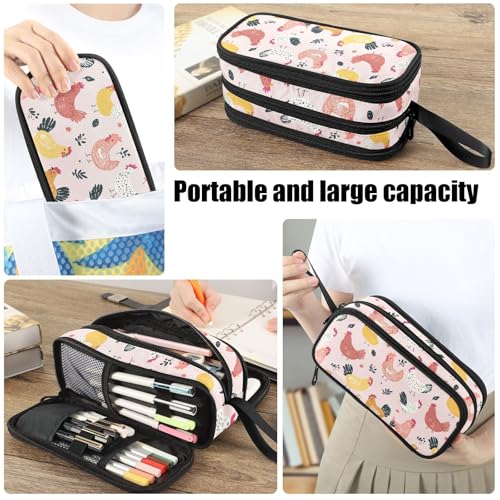 Image of Fustylead Cute Cartoon Hens and Roosters on Pink Background Large Pencil Pen Case Stationery Bag 3 Compartments School College Office Organizer