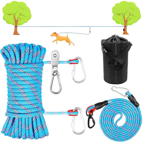 Campingzubehör für Hunde, Auslaufkabel für Camping, 15,2 m, tragbares Trolley-System mit 3 m Laufleine für Hunde bis zu 90 kg, tragbare, reflektierende Hundeleine für Hof, Park und Outdoor, Blau