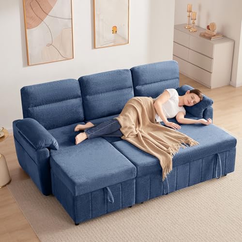 Tbfit 80" Sleeper Sofa Bed, 3 in 1 Cloud Pull Out Sofa Couch with USB & Storage Chaise, Chenille Convertible Sofa Bed with Pull Out Bed, Couches for Living Room, Apartment, Office, Blue - image 4