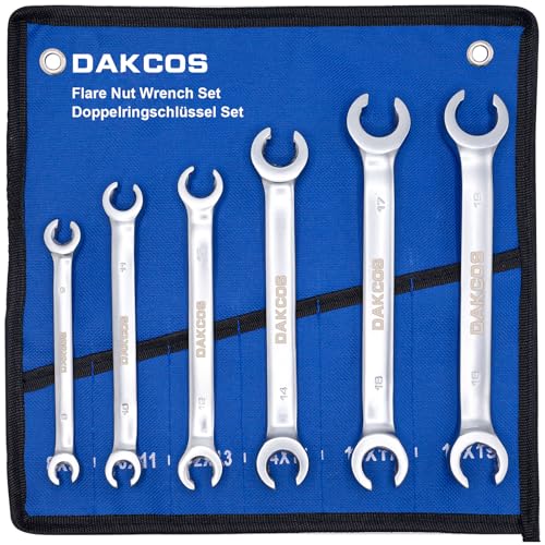 DAKCOS Jeu de clés à tuyauter clé à pipe pour tuyau de frein 6PC 8x9mm, 10x11mm, 12x13mm, 14x15mm, 16x17mm, 18x19mm, en CR-V chromée mate