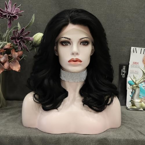 IMSTYLE Black Short Synthetic Lace Fron Wavy Wig Free Part Natural Hairline Heat Resistant Fiber Daily Cosplay Costume Halloween Wigs 14In (Black)
