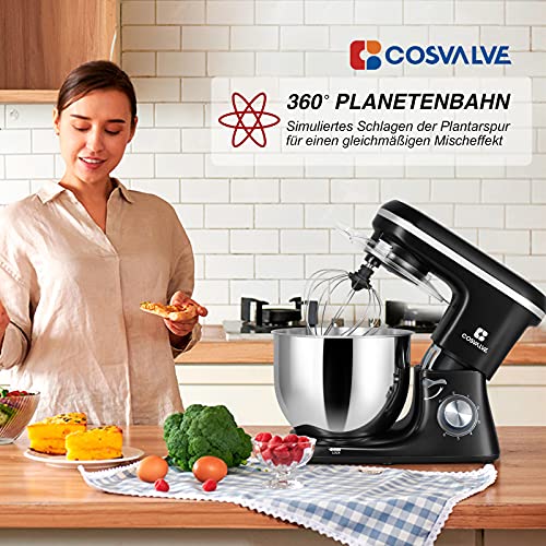 COSVALVE Küchenmaschine Knetmaschine 1400W, 7L Edelstahlschüssel mit Rührbesen, Knethaken, Schlagbesen, Spritzschutz, 6 Geschwindigkeit mit Geräuschlos Teigmaschine (Schwarz) – Bild 4