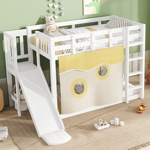 Merax Hochbett 90x200cm, Etagenbett für Kinder mit Treppe, Zäune, Rutsche und Ablagefach, Kinderbett mit Rausfallschutz und 2 Lattenrost, Spielbett mit Bettvorhang und Regal, Rahmen aus Kiefer, Weiß