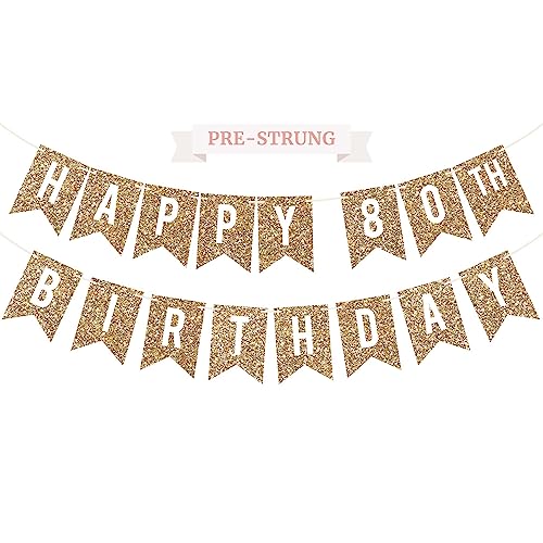 Pre-Strung Happy 80th Birthday Banner - Gold Glitter Birthday Banner