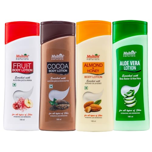 Image of Multani Natural Body Lotion 100ml - Pack of 4 Cocoa Butter, Mix Fruit, Aloevera, Almonds Honey - Nourishing Lotion for All Skin Types, Fast Absorbing, Non-Sticky Body lotion Instant Hydration in Summer All Season Moisturizer - 400ml
