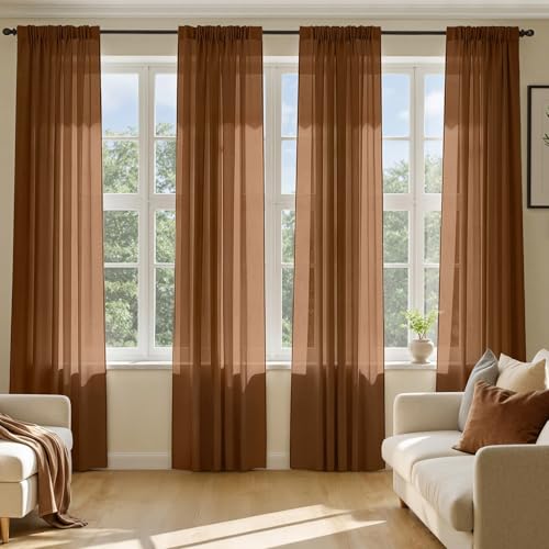 MIULEE Dark Brown Sheer Curtains 84 Inches Long 4 Panels Set Light Filtering Rod Pocket Voile Drapes for Living Room and Bedroom Airy Soft Fabric Window Treatments 42 x 84 Inches