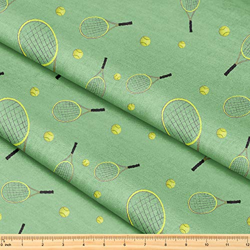 Premium Tennis Racket Ball Pattern Fabric by the Yard - 58 Inches x 1 Yard - Ideal for Quilting, Apparel, Crafts, and Home Decor Accents