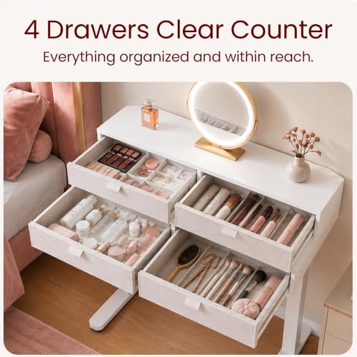 Image of HUANUO 32-Inch Electric Height Adjustable Vanity Desk with 4 Drawers | 4 Memory Heights; 28.3-46.5 in Range; Quiet Lift under 50 dB; Multi-Drawer Storage; Sit-Stand Makeup, Work & Study Desk