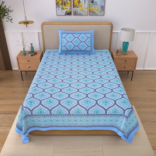 Image of 100% Cotton Single Bedsheet with 1 Pillow Cover | 240 TC Pure Cotton Flat Bed Sheet | Traditional Jaipuri Printed Bedding Set | Soft & Breathable | 60 x 90 Inch (Rangmahal Single 14)