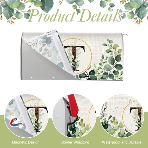 Image of Tiamon Monogrammed T Mailbox Covers Magnetic Eucalyptus Welcome Letter Box Wrap Standard Size 21x18 Inch Spring Summer Leaves Mailbox Decor Eucalyptus Letter Numbers Decoration for Outdoor Garden Yard