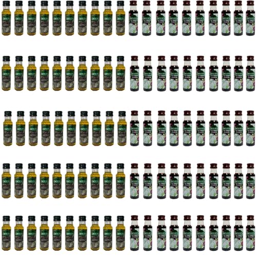 Deliex- Botellitas de aceite de oliva y vinagre mini. 100 Botellas miniaturas en pet de 25 ml, 50 de aceite de oliva virgen extra y 50 de vinagre viejo.