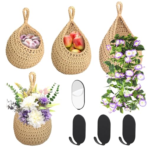 MASHDE Hanging Fruit Baskets for Kitchen, 3 Pack Boho Woven