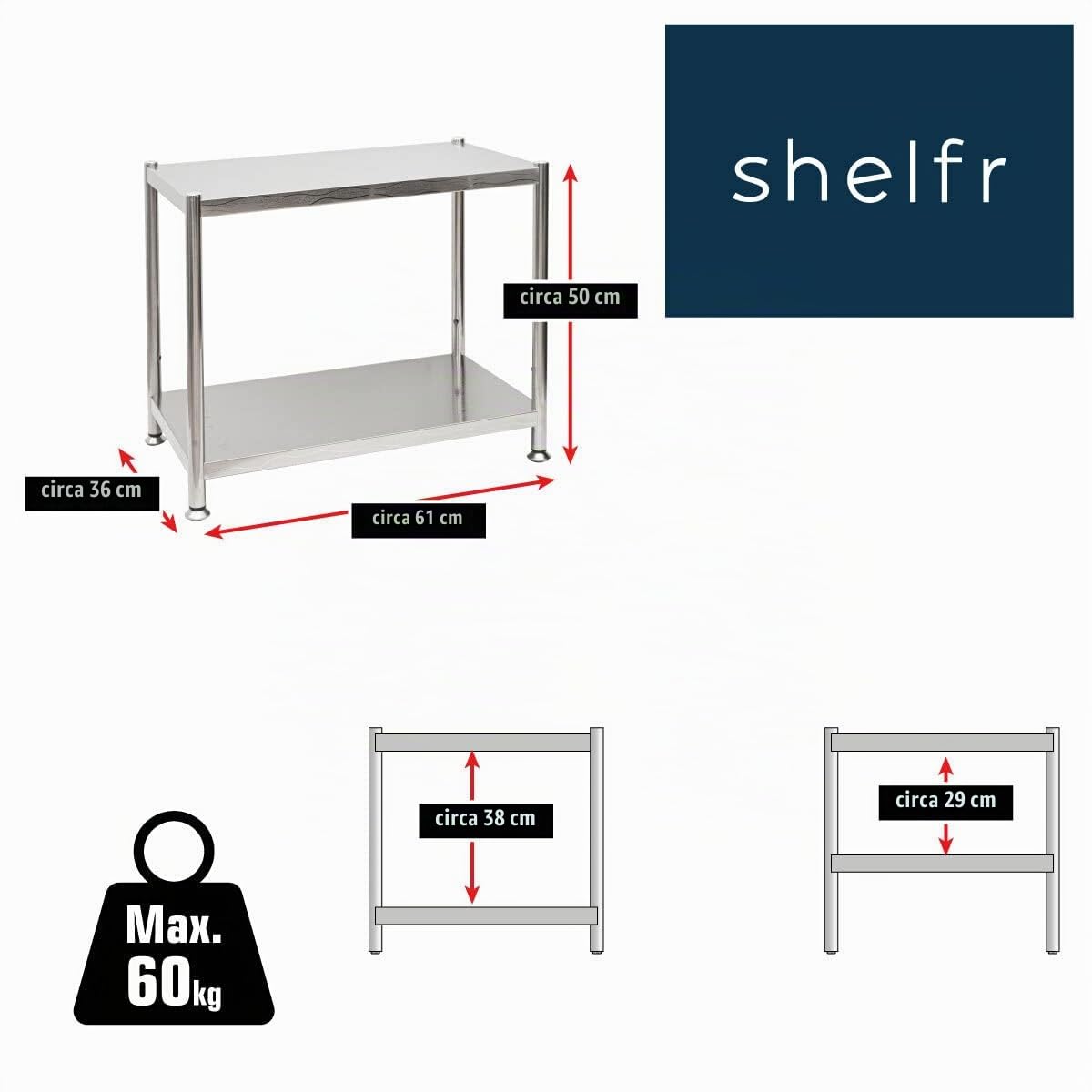 EYEPOWER shelfr 2 Ripiani Scaffale in Acciaio Inox - 60kg Scaffalatura Metallo 61x36x50 Portaoggetti Cucina