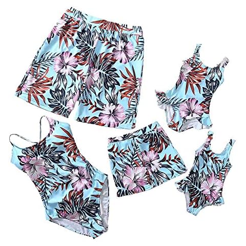 HengBo Mommy and Me Swimsuits, Girls Bathing Suits, Flower Print One Piece Bikini, Family Matching Swimwear, Blue, 8-9 Years Cover