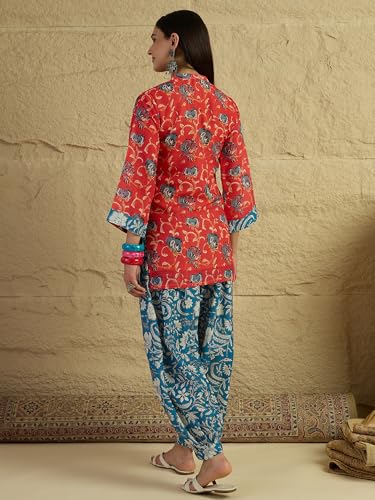Image of EthnicJunction Women's Linen Floral Print Summer Wear Straight Short Kurti with Afghani Pant Set | Co Ord Set for Women Stylish | Fusion wear Women
