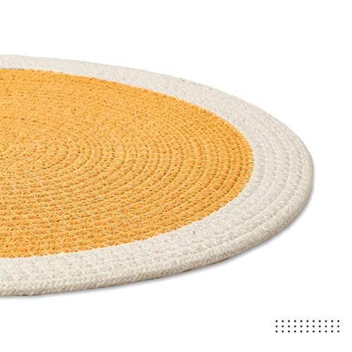 Image of Dining Table Mats Set of 2 | Cotton Table Mat 32 cm Diameter, Encasa XO Washable Round Table Mats, Heat Resistance Dining Table Placemats, Handmade Ribbed Style for Centre Table, Yellow & Off White