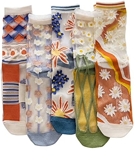 Yomutiur Womens Sheer Socks, Summer Transparent Thin Mesh Lace Elastic Jacquard Crystal Glass Socks,One Size