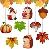 Herbstdeko Hängend aus Holz, 9 Stück doppelseitige Anhänger Herbst Dekoration, Herbst Deko mit Wichtel Ahornblätter Igel, Herbstdeko Innen Outdoor zum Aufhängen für Thanksgiving Fenster Deko