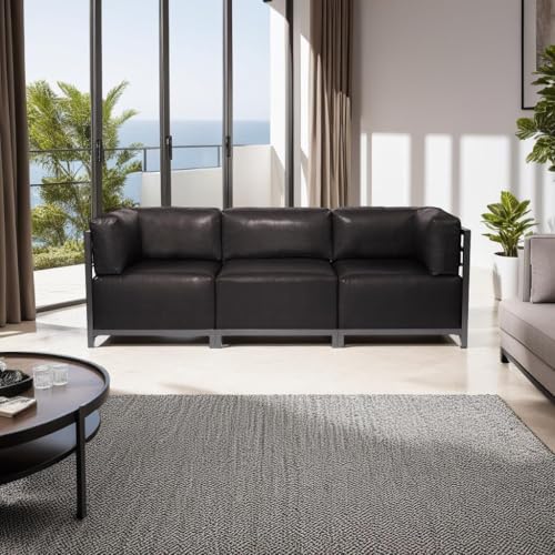 Image of Howard Elliott Collection Axis 4-Piece Modular Sectional Sofa with Cover, Convertible Cushioned Sofa with Wide Chaise for Indoor and Outdoor Use, Living Room or Office, Titanium Frame, Avanti Black