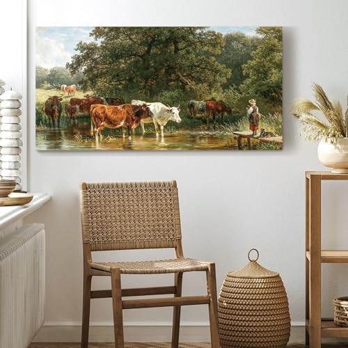 SERIMINO Large Wall Art for Living Room, Animal Cow Vintage Wall Decor, Forest Pastoral Landscape Canvas Painting, Retro Herding Cattle Pictures Home Decor for Bedroom Bathroom Kitchen 30x60 Inch