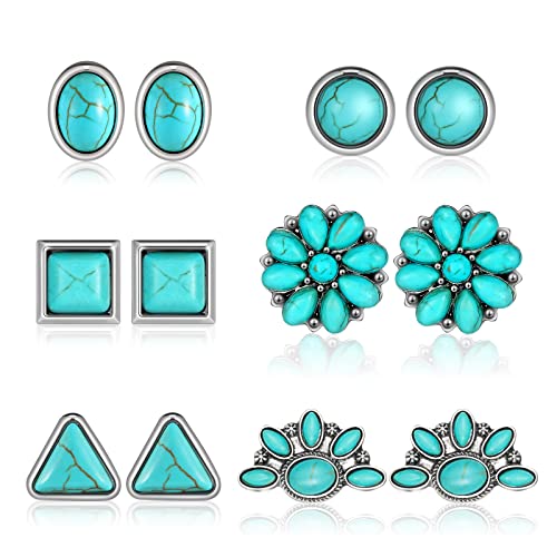 6 Pairs Turquoise Stud Earrings Small Geometric Oval Round Flower Earrings Gemstone Cut Shape Square Studs Turquoise Jewelry