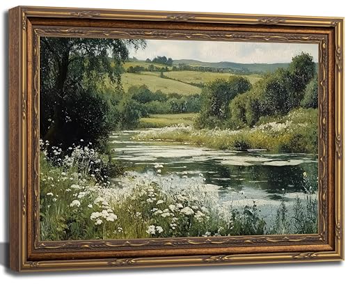 Vintage Gold Framed River Wall Art Green Nature...