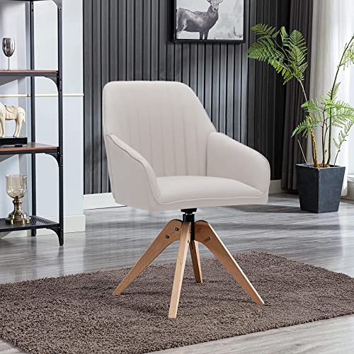 Furniliving 36.8'' Mid Century Modern Swivel Accent Chair For Living Room, Wood Desk Chair With Arms Mid Back Arm Chairs Upholstered Home Office Chair No Wheels For Home Office/Bedroom, Beige #TOP7