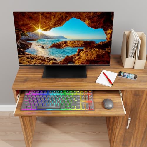 Image of VIKI Engineered Wood Computer Table, Study Table, Desks with Door Storage, Keyboard Tray for Adults /Students, Office Home | DZUKOU | Brussel Walnut, 100W x 75H x 40D | 1 Year Warranty