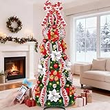 MARTINE MALL 6FT Pre-Lit Pre-Decorated Pop Up Christmas Tree with 200 Lights & Remote, Artificial Collapsible Foldable Christmas Tree with Poinsettia Ribbon Bow for Home Indoor Outdoor Party