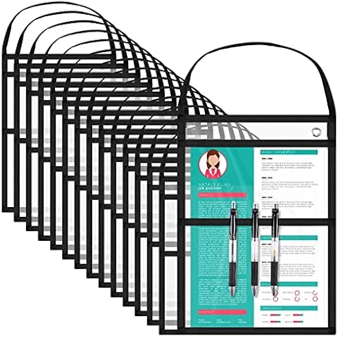 15 Pack Stitched Dual Pocket Shop Ticket Holders with Hanging Strap Job Ticket Holders Work Order Plastic Sleeves Dry Erase Pockets Reusable Sleeves, Both Sides Clear, 9 x 12 Inch Cover