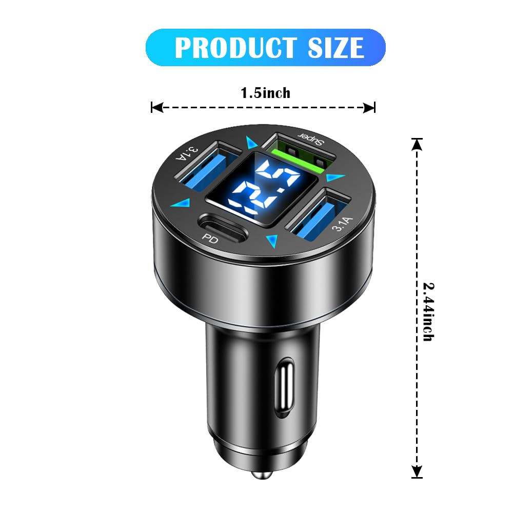 4-Port Fast Car Charger With Plug Outlet, LED Voltmeter, PD3.1, Super Port - Universal Cigarette Lighter USB Accessory Compatible With iPhone & Android (PD/Super)